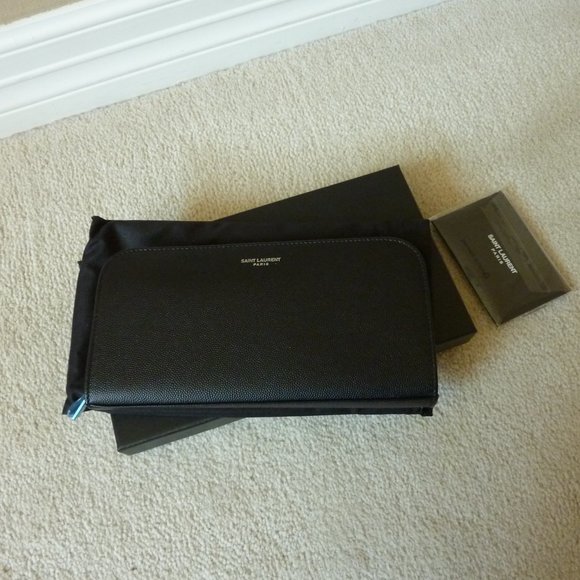 Saint Laurent Leather Zip Logo Text Wallet (Black) - Picture 1 of 16